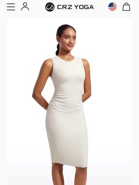 CRZ YOGA Sleeveless Ruched Side Midi Dress - Light Cream